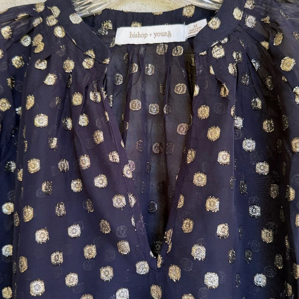 Anthropologie Bishop & Young Black Pullover Blouse w Gold Metallic Dots Medium - Picture 5 of 15